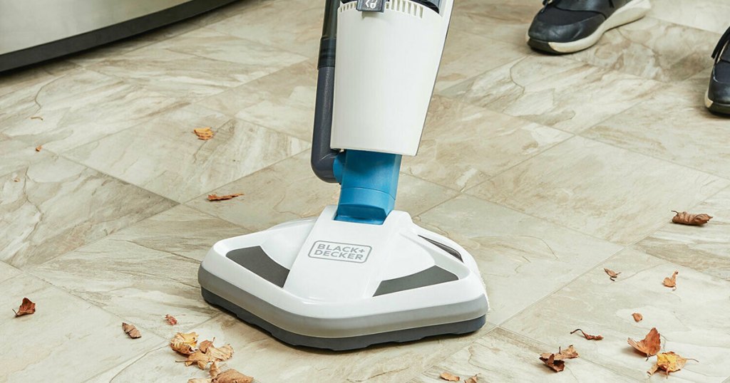 using black + decker steam mop on floor with leaves