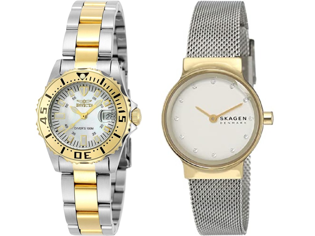 Invicta Women's Pro Diver 30mm Two Tone Stainless Steel Quartz Watch and Skagen Women's Freja Stainless Steel Dress Quartz Watch