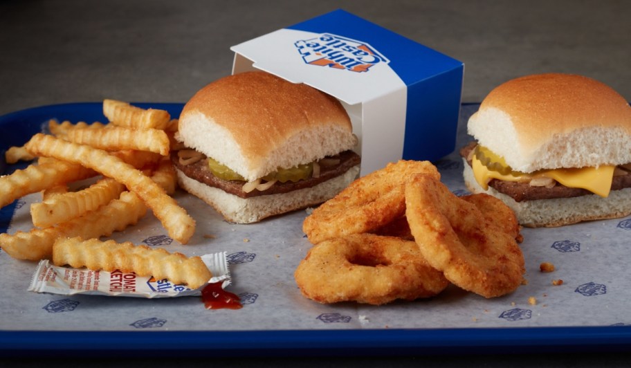 White Castle sliders, fries, and onion rings
