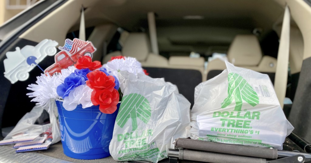 dollar tree decor in trunk of car