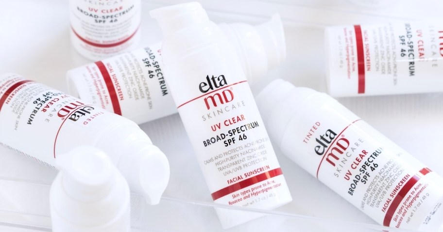several bottles of EltaMD sunscreen
