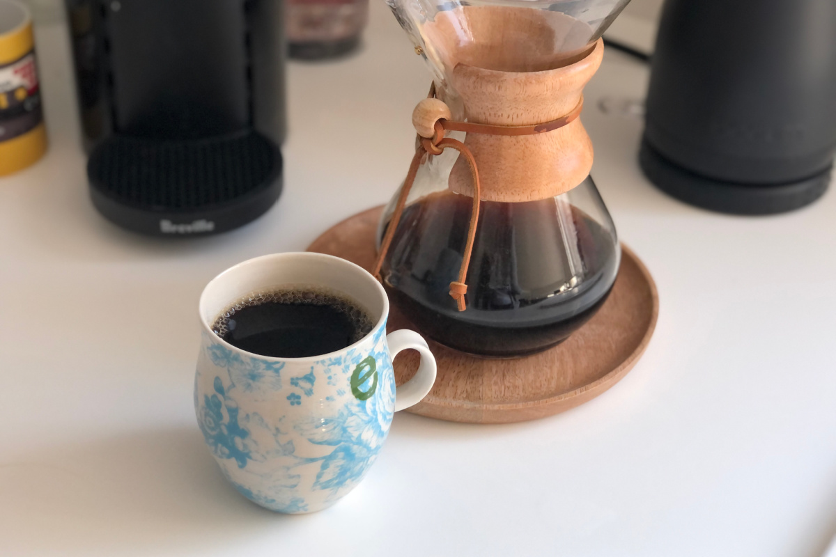 chemex pour over coffee maker and cup on counter