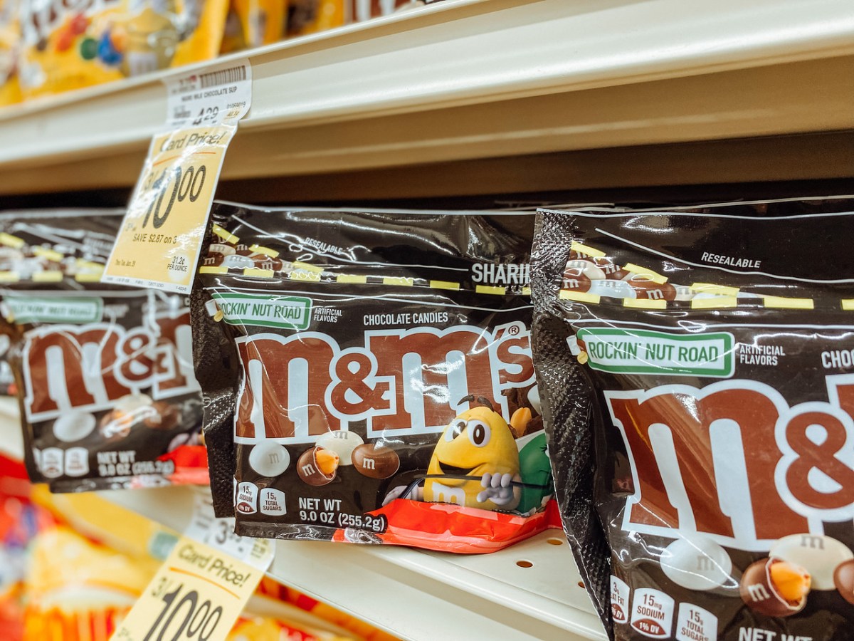 bags of M&Ms on grocery store shelf