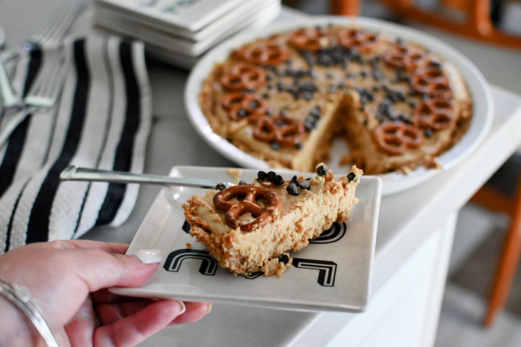 slice of pretzel peanut butter pie on a small plate