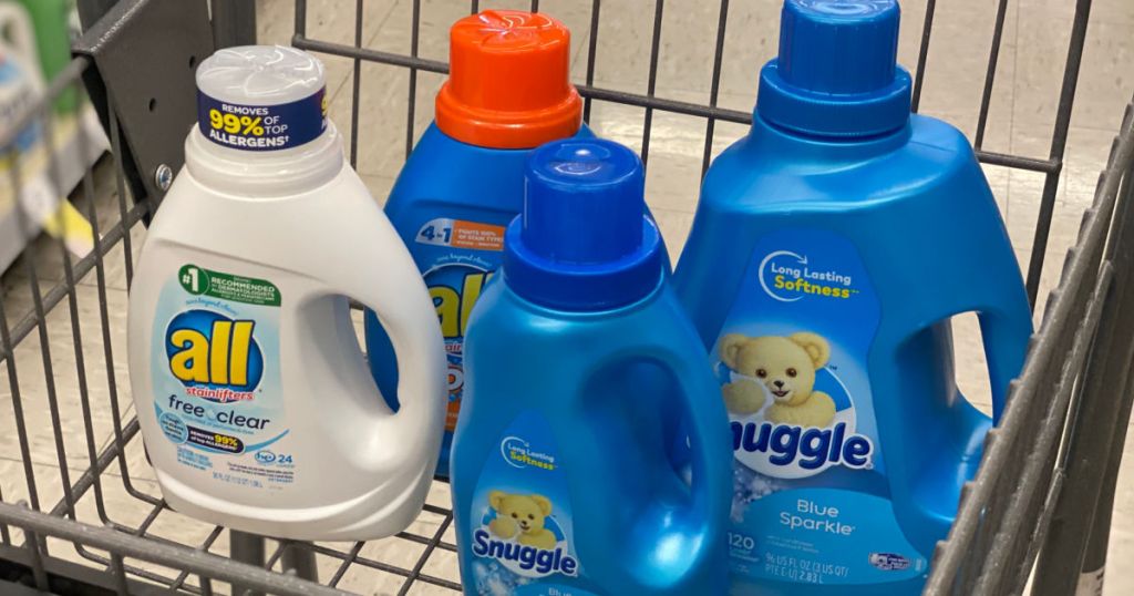 white and blue bottles of laundry products 