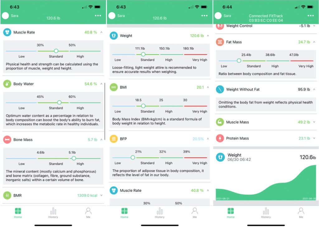 screenshots of fittrack app body index measurement results