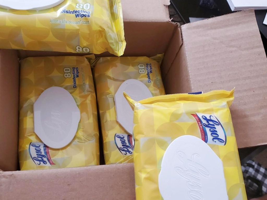 packs of disinfecting wipes in shipping box