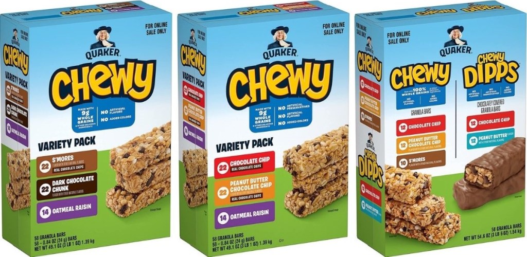 three boxes of Quaker bars