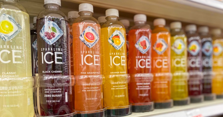 multiple bottles of sparkling ice on store shelf