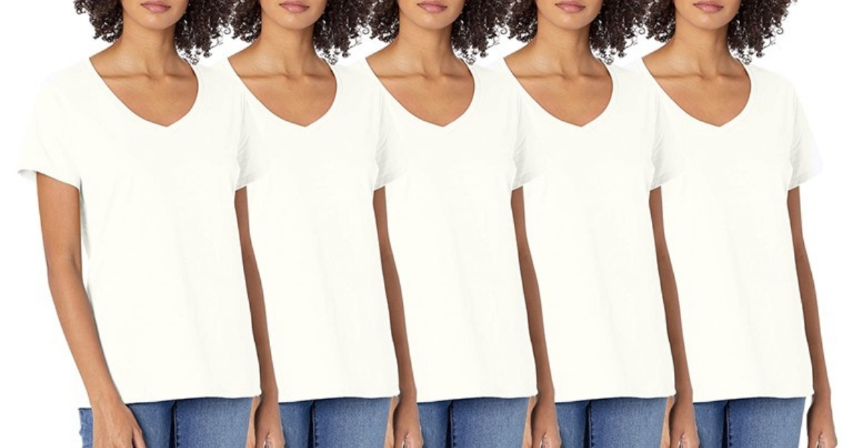 Women's 5-Pack Hanes Short Sleeve V-Neck Cotton Tee White