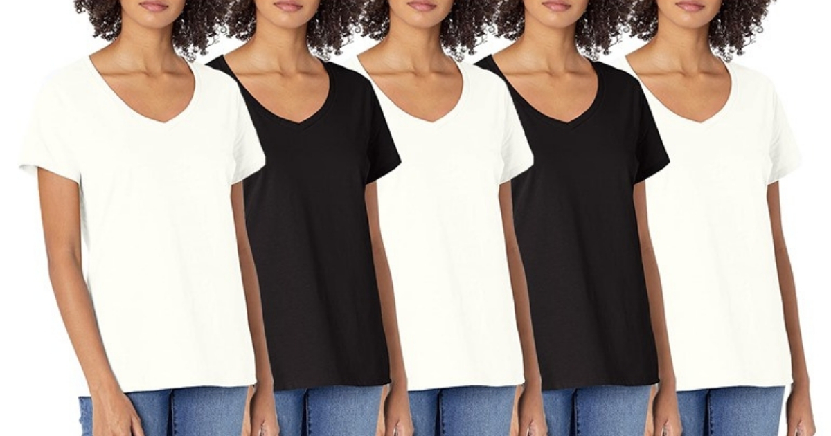 Women's 5-Pack Hanes Short Sleeve V-Neck Cotton Tee White & Black