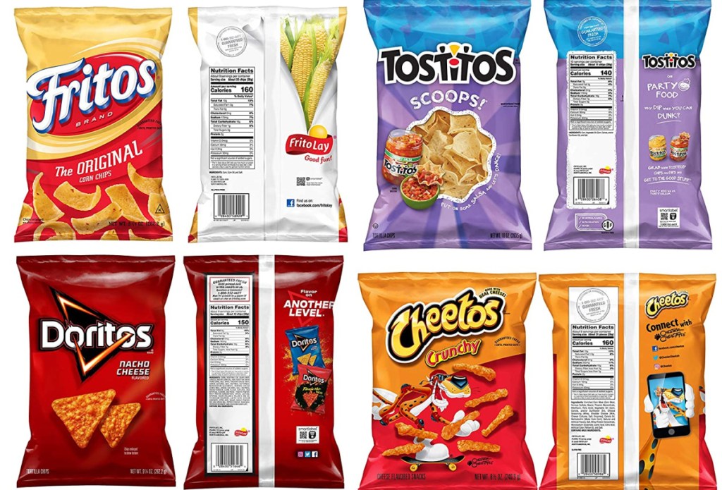 front and back of fritos, tostitos, doritos, cheetos