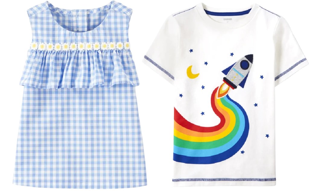 gingham ruffle top and rainbow rocket tee from gymboree