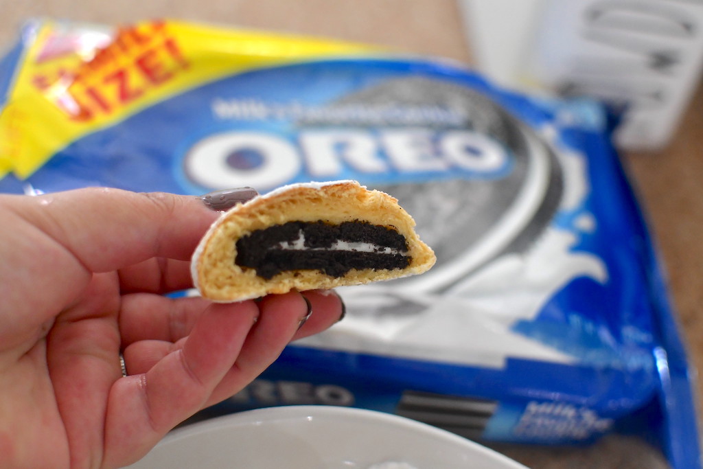 holding homemade fried oreo