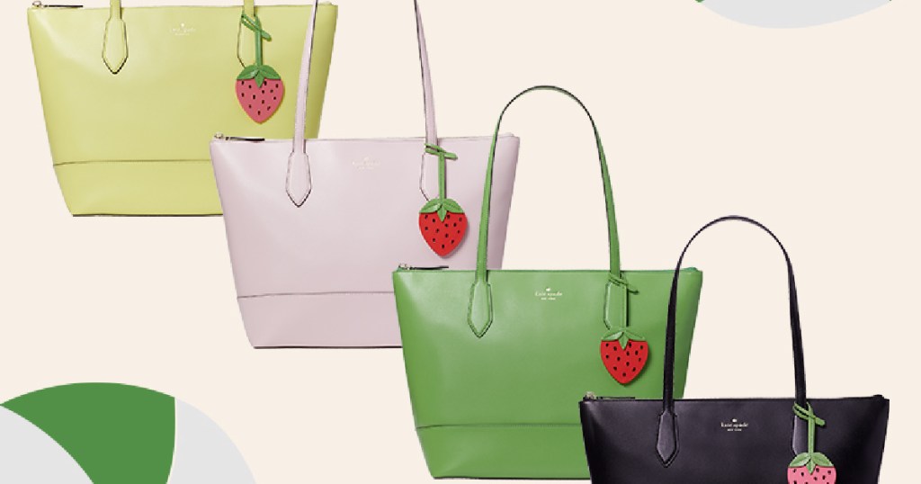 four colored totes with strawberry key holders on them