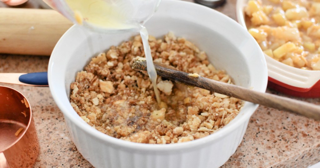 mixing cracker topping for pineapple casserole