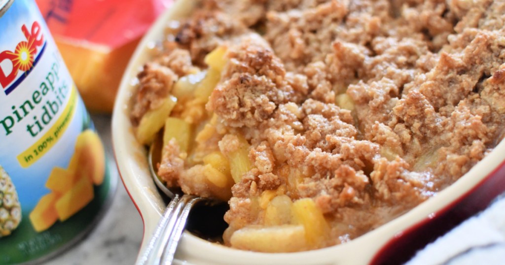 pineapple casserole in a dish after baking 