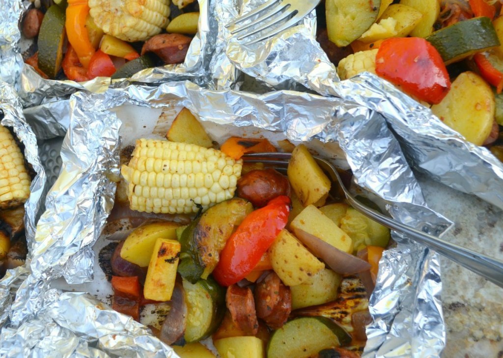 sausage and veggie foil packet meal after grilling