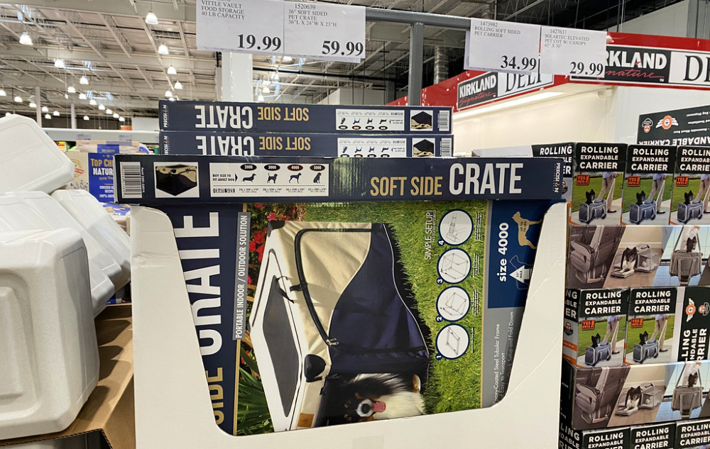 display of soft sided pet carriers in a costco store