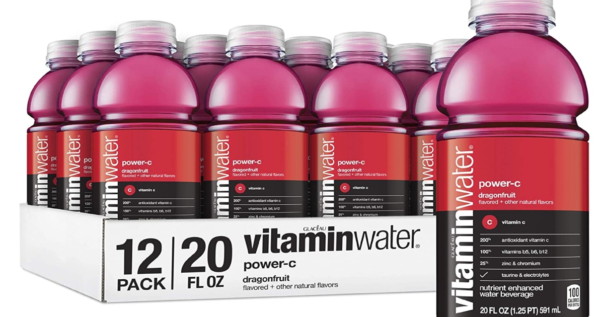 a pack of vitamin water Power C and one single vitamin water in front of it. 