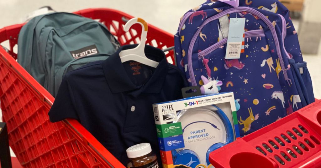 backpack, headphones and shirt in red cart 