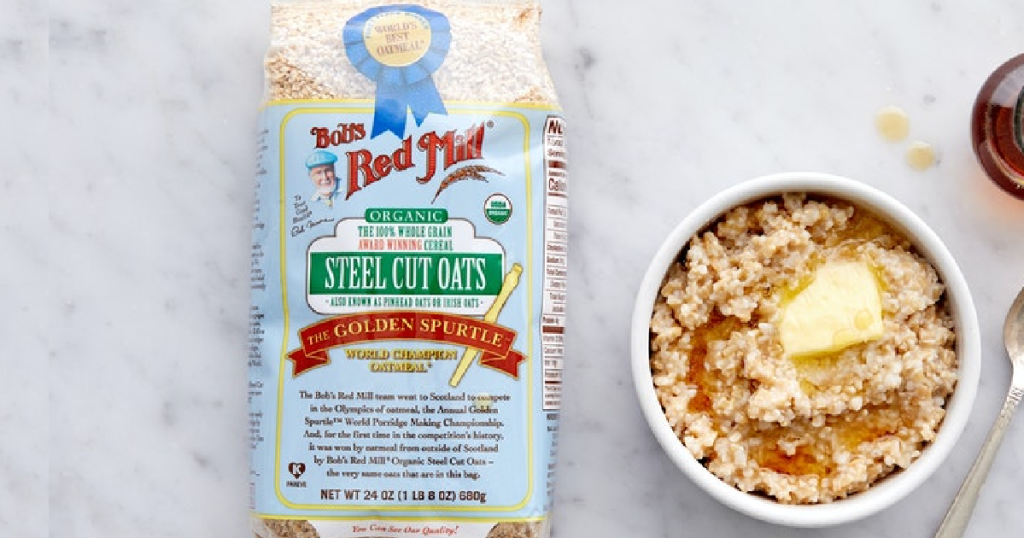 Bob's Steel Cut Oatmeal next to bowl of oatmeal