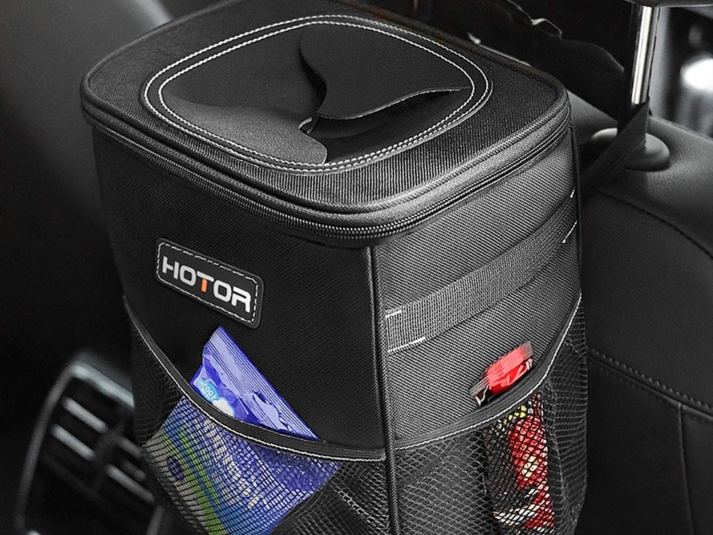 HOTOR Car Trash Can with Lid and Storage Pockets