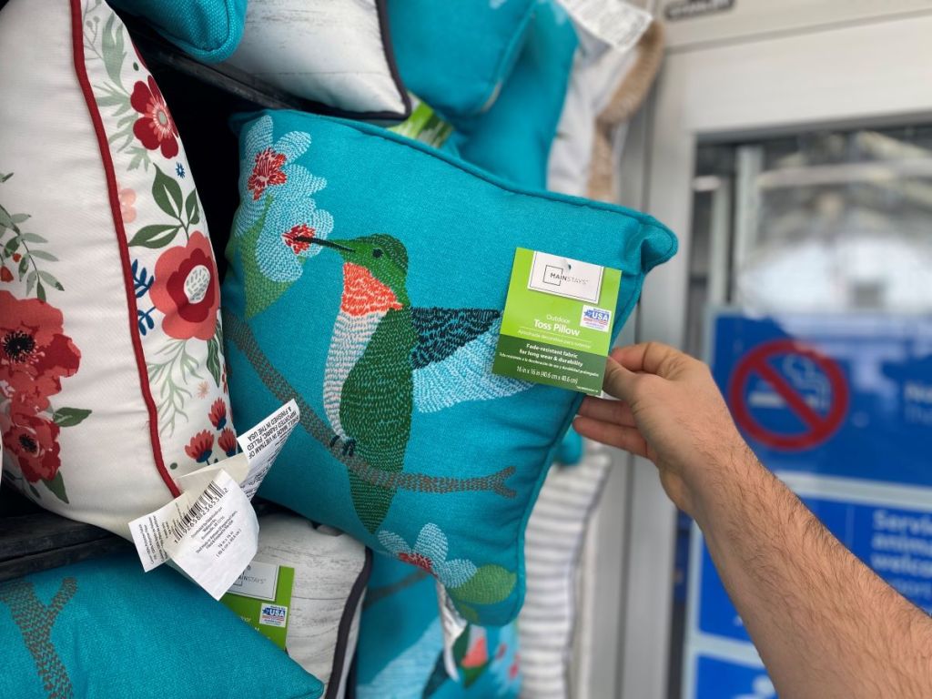 hand holding a pillow with a hummingbird on it