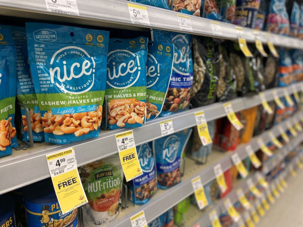 row of Nice Cashews on a shelf at Walgreens