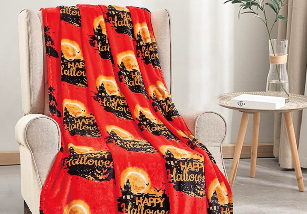 Noble House Orange & Black 'Happy Halloween' Haunted House Throw Blanket