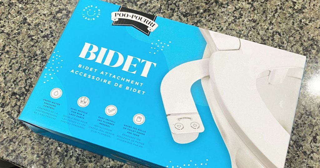 blue box for poo-pourri bidet attachment on counter