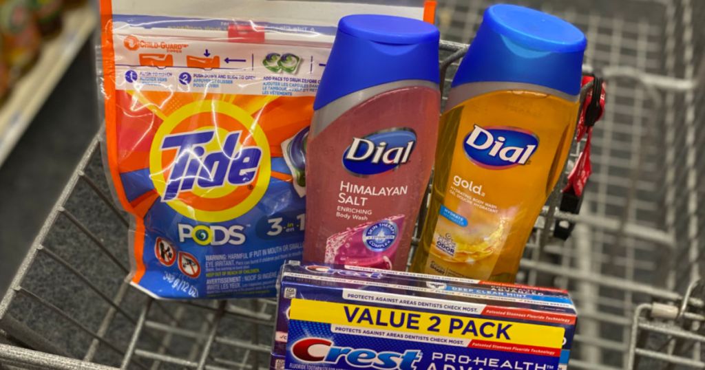 laundry detergent, body wash and toothpaste in cart 