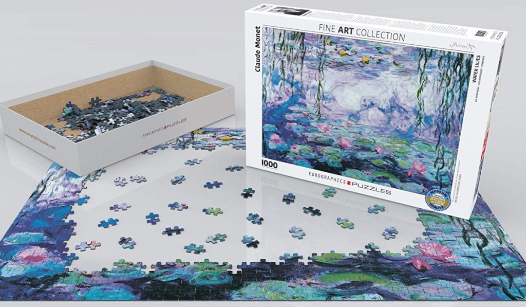 disassembled puzzle pieces with box