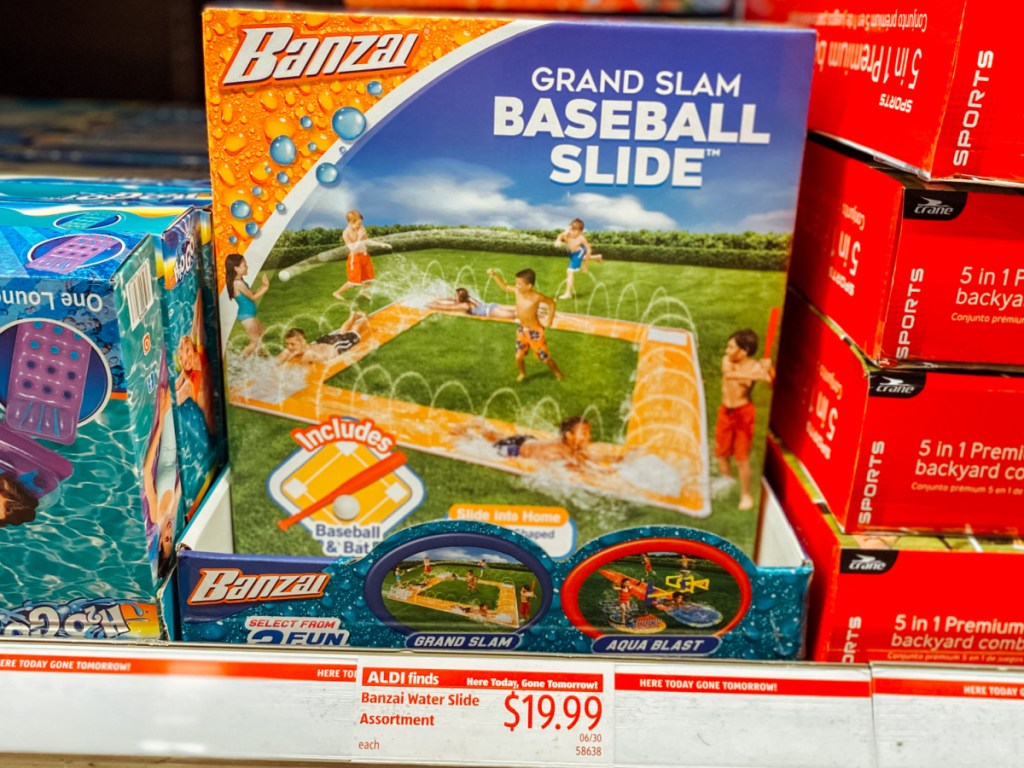 store shelf with water slide on display