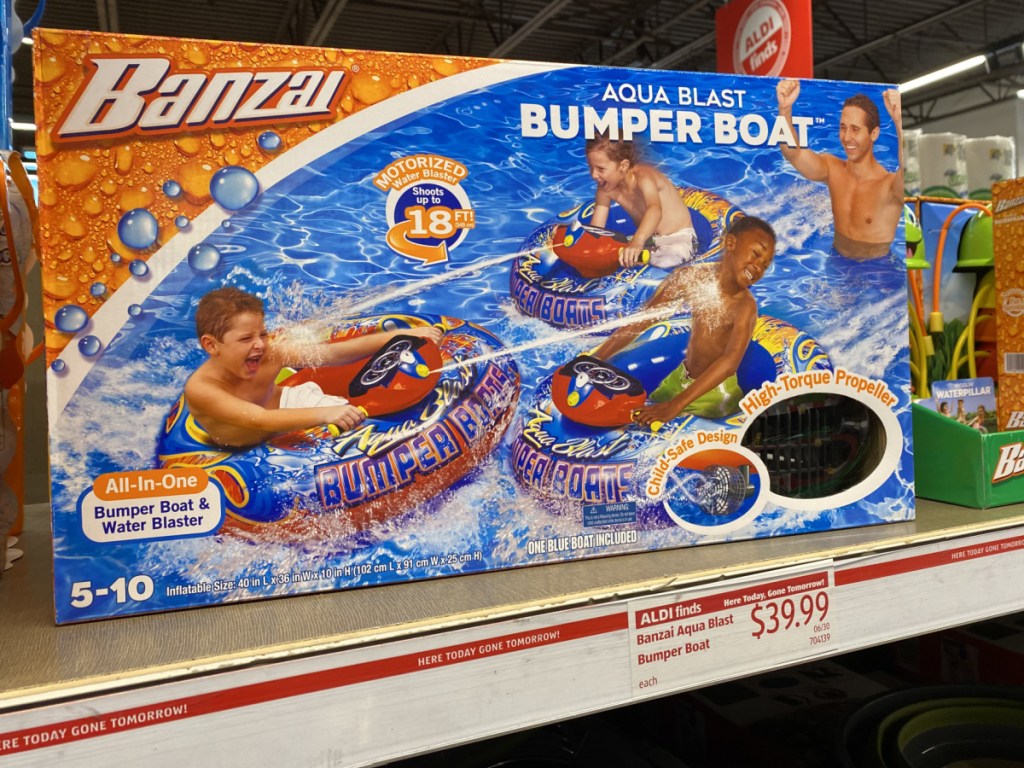 store shelf with box that has bumper boat toy in it