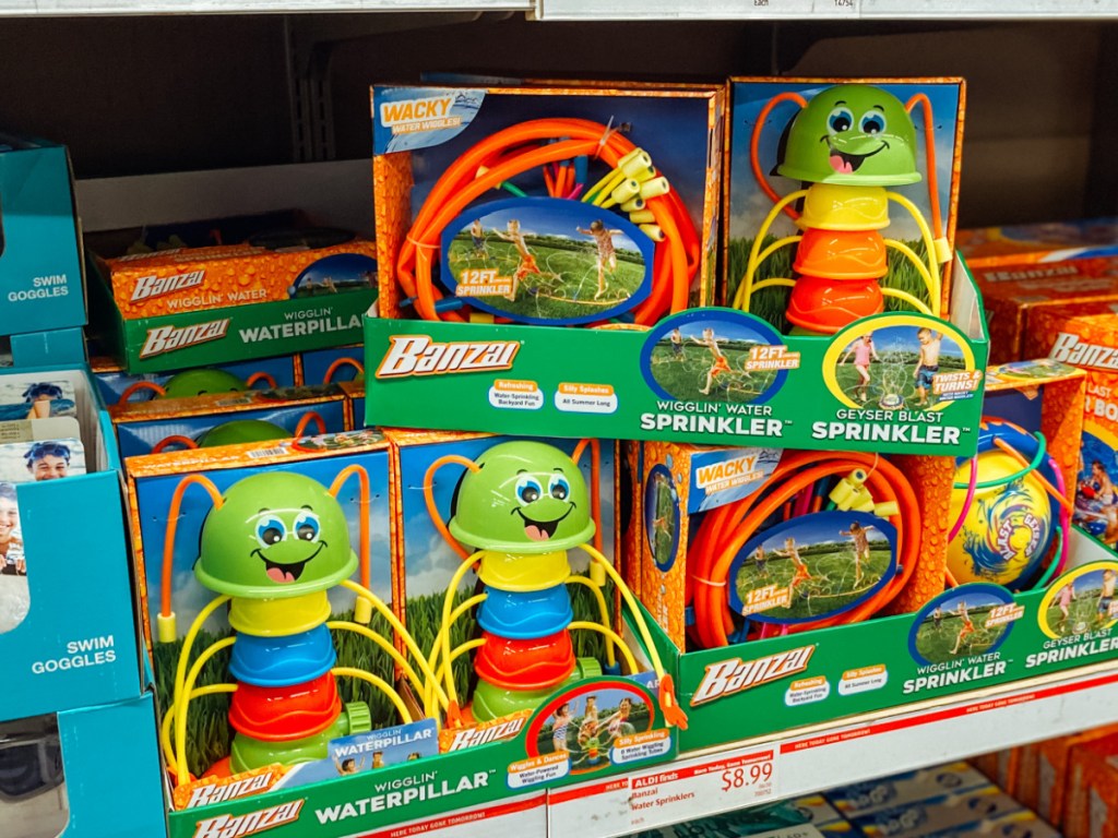 store display with water toys on shelf