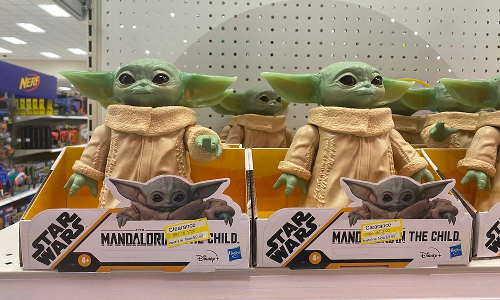 baby yoda the child hasbro toy on clearance in packaging on a target shelf