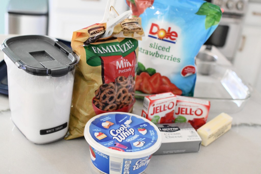 ingredients for strawberry pretzel salad on the counter