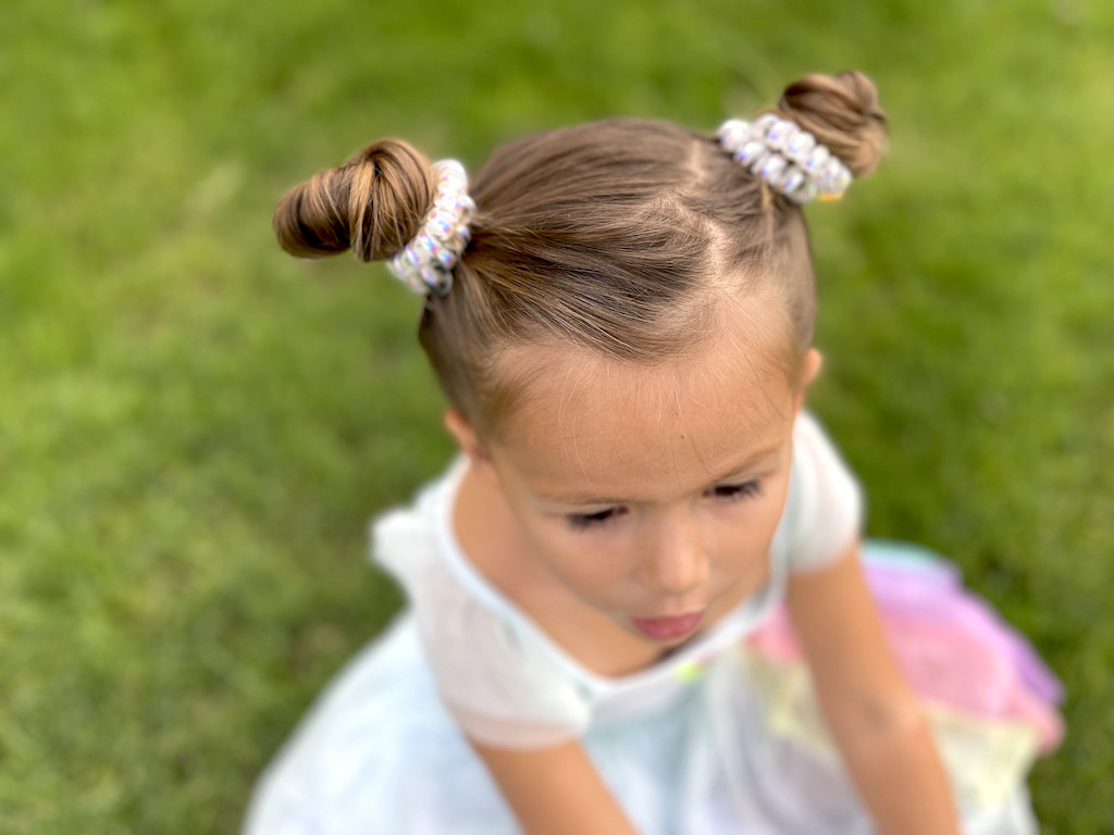 little girl wearing Teleties hair ties 