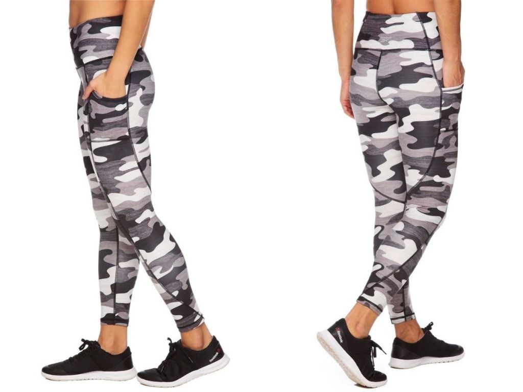 side and back views of black and white camo leggings