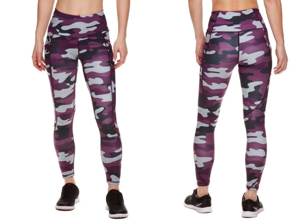 front and back view of purple and gray camo leggings