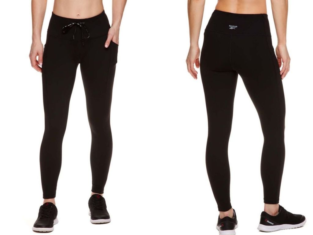 front and back views of Reebok black leggings