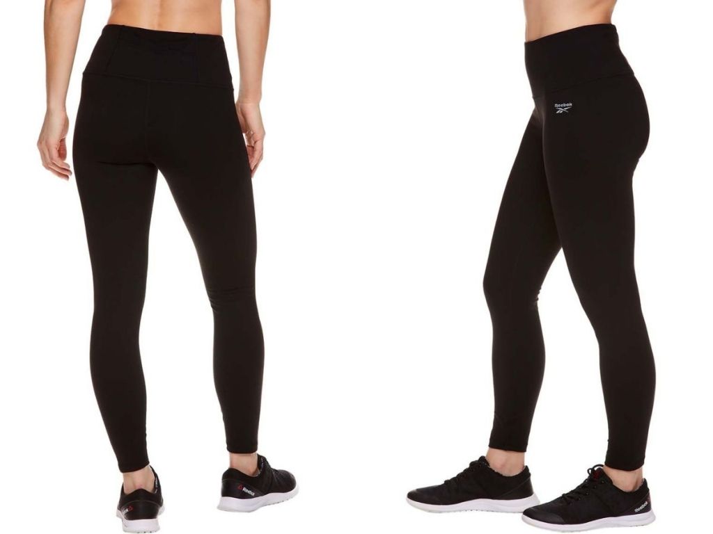 back and side view of black reebok leggings