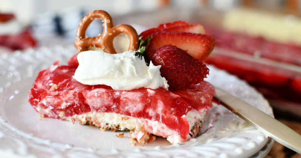 slice of strawberry pretzel salad