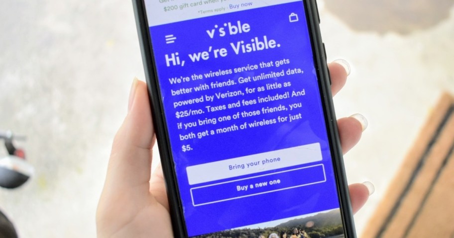 Hand holding cell phone with Visible Wireless website