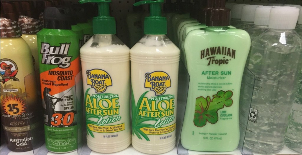 row of after sun lotions on a shelf