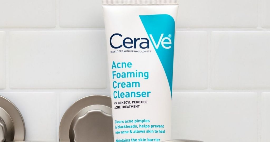 CeraVe acne foaming cream cleanser in a bathroom