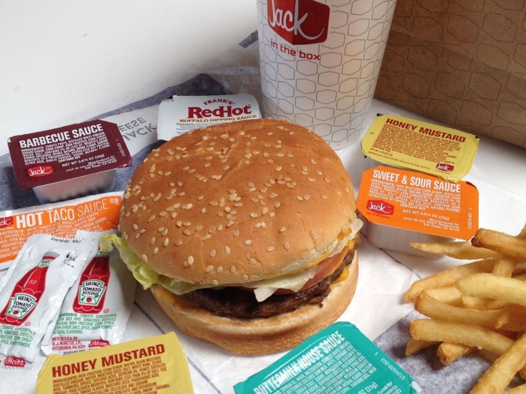 Classic Jack Burger and fries with condiments and soda