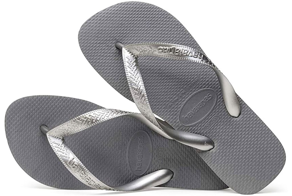 pair of silver flip flops