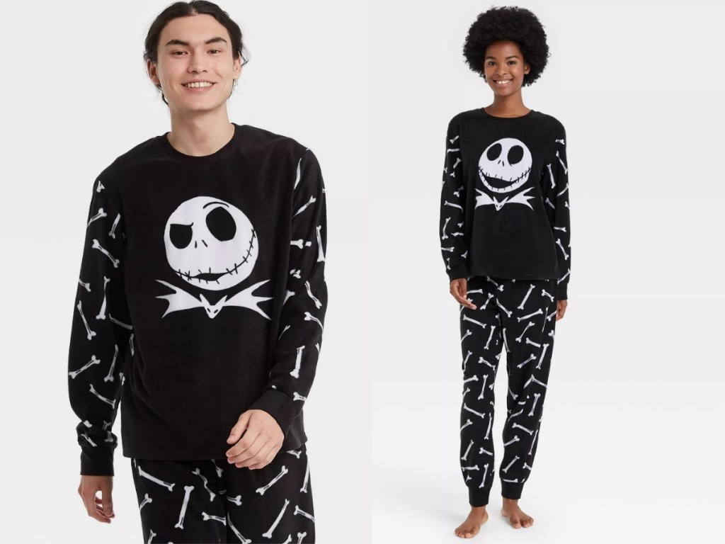 man and woman wearing nightmare before christmas pajamas